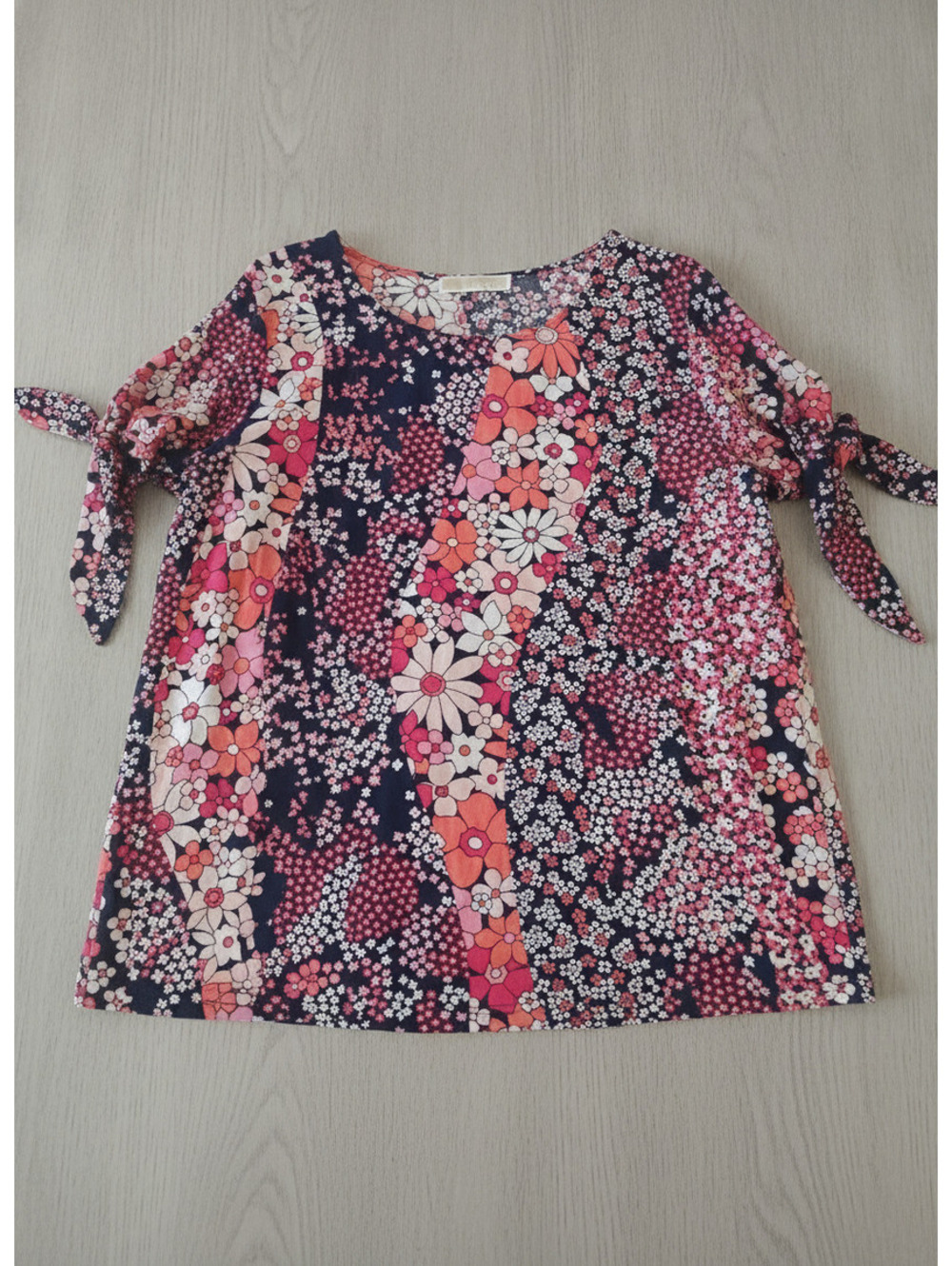 Michael Kors Cold-Shoulder Floral Patchwork Blouse Navy Pink Orange M
